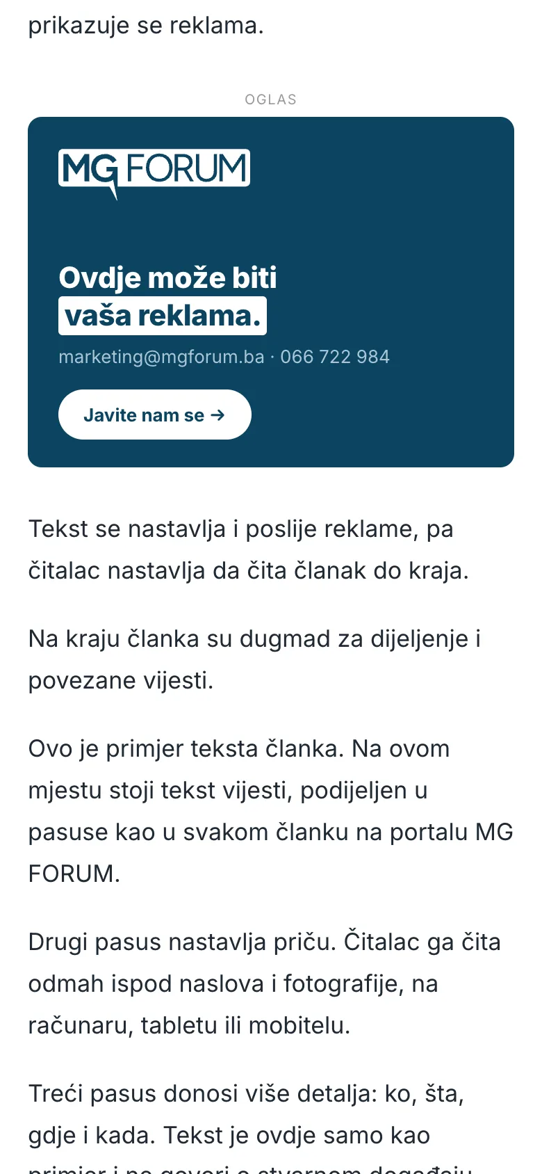 Članak na mobitelu sa banerom u tekstu